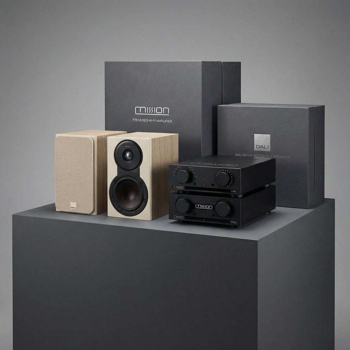 Mission 778X Integrated Amplifier- (Black) Mission 778S  Wireless Music Streamer (Black)- Dali Sonik 1 Speakers (Oak) With Free 6m QED XT40i Speaker Cable