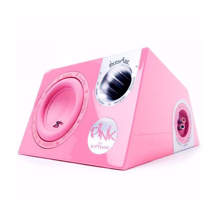In Phase Car Audio XTP12A 1400W 12" active subwoofer in custom pink enclosure