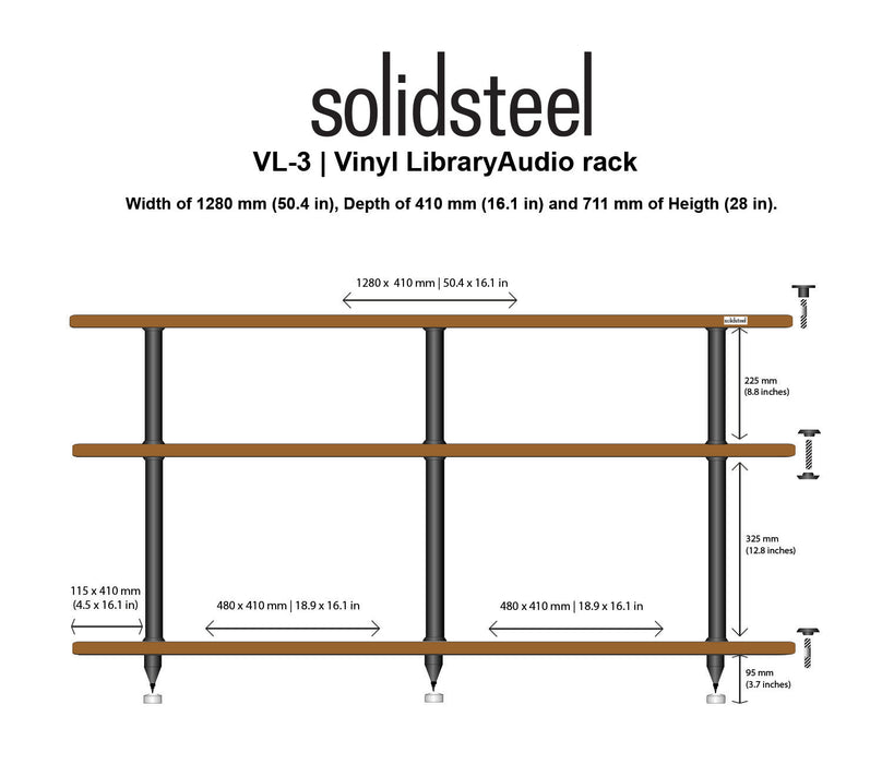 Solid Steel VL3 3 Shelf Stand With Vinyl Storage Walnut