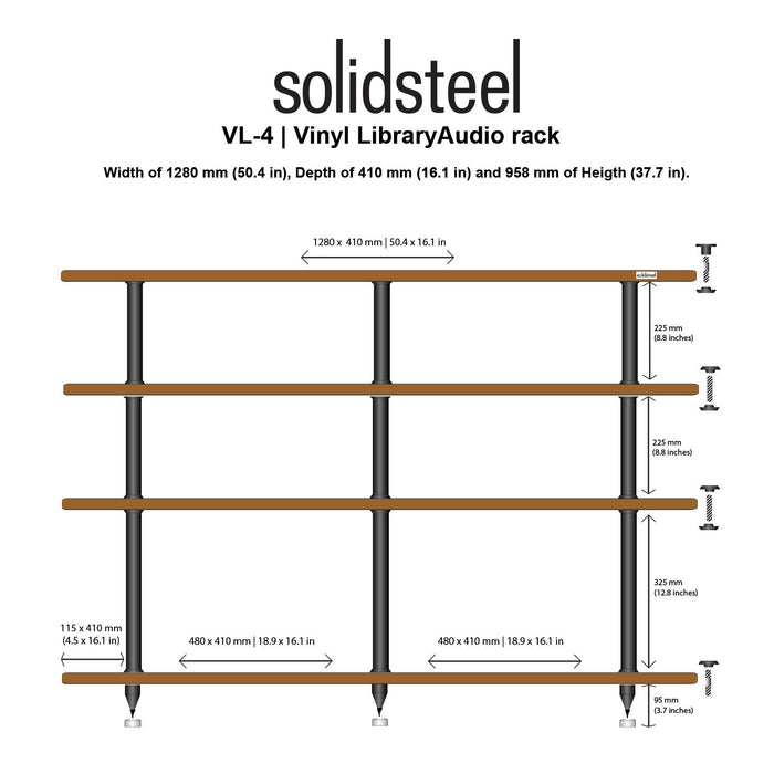 Solid Steel VL4 4 Shelf Stand With Vinyl Storage Walnut